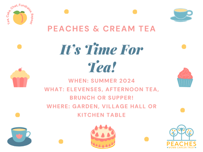 Time for tea invite, cakes and tea cups on white