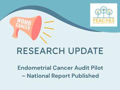 An image of a megaphone shouting 'Womb Cancer' on a blue background. Text reads: Research Update Endometrial Cancer Audit Pilot – National Report Published