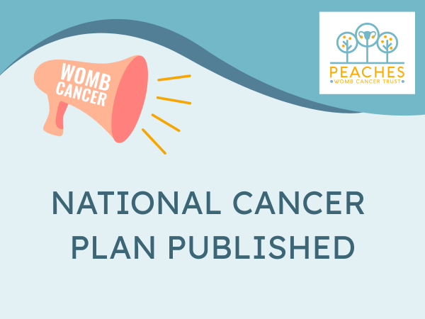 An image of a megaphone shouting 'Womb Cancer' on a blue background. Text reads: National Cancer Plan Published