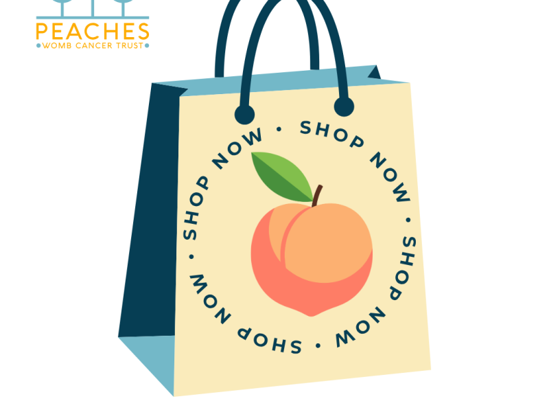 A graphic of a shopping bag with a peach on the front. Circling the peach is text that says 'shop now'. Underneath the bag is text that says 'Awareness. Support. Research'.
