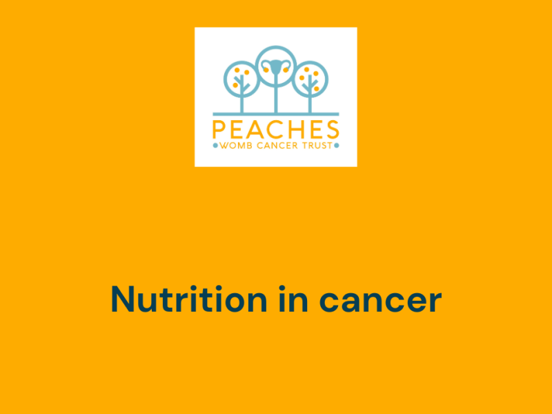 text reads 'nutrition in cancer' on a bright golden yellow background under the Peaches logo