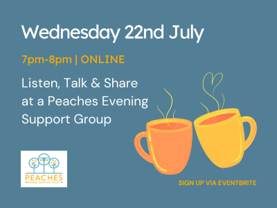 A flyer for a support group from Peaches Womb Cancer Trust. Orange and yellow coffee mugs on a dark blue background.