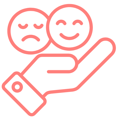 A pink graphic of a hand holding a happy and sad emoji.
