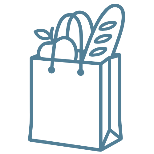 a blue graphic of a shopping bag containing bread and fruit