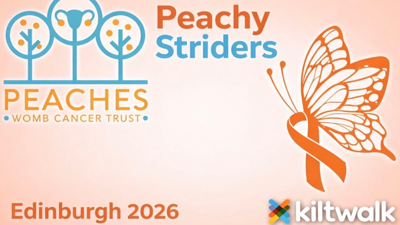 A graphic showing the Peaches logo as well as a cancer ribbon with wings like a butterfly. Text reads; Peachy Striders, Edinburgh 2026, Kiltwalk.