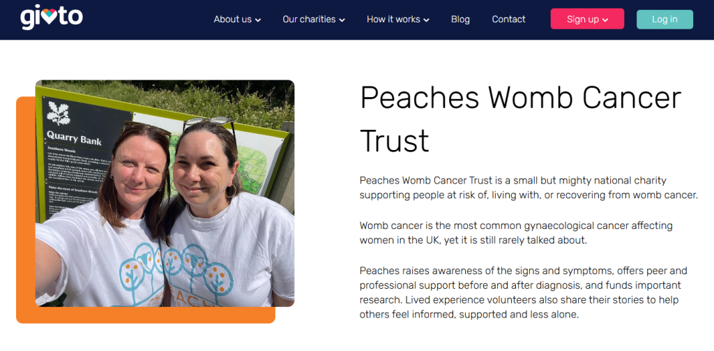 A screenshot from the givto website showing Peaches Womb Cancer Trust featured.