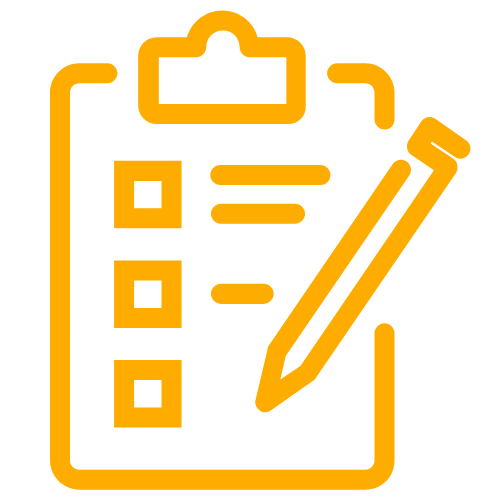 A yellow graphic of a pen and clipboard for taking notes