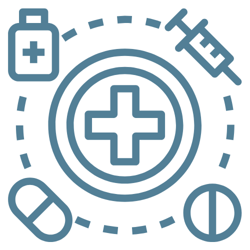 a blue graphic of hospital cross circled by treatments such as medicine, tablets, pills and syringe