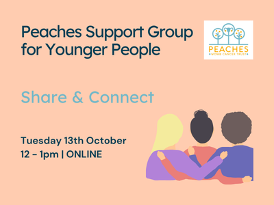 Peaches Support Group for Younger people being held online, 12-1pm on Tuesday 13th October