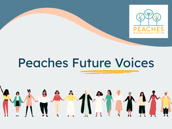 Dark blue text reads 'peeaches future voices' on a light blue background with a wavy dark blue banner at the top. A graphic of people holding hands in a line sits underneath the text.