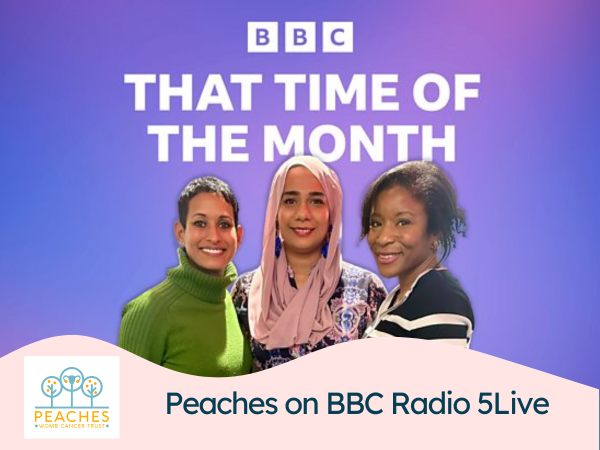 BBC That Time of the Month with photo of Naga Munchetty, Dr Nighat Arif and Dr Christine Ekechi. A wavy pink footer includes the Peaches logo and 'Peaches on BBC Radio 5Live'.