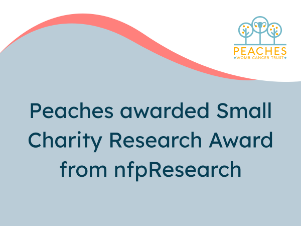 Text on a blue background with a wavy white banner says: Peaches awarded Small Charity Research Award from nfpResearch