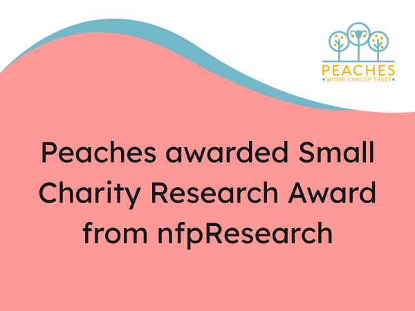 Text on a pink background with a wavy white banner says: Peaches awarded Small Charity Research Award from nfpResearch