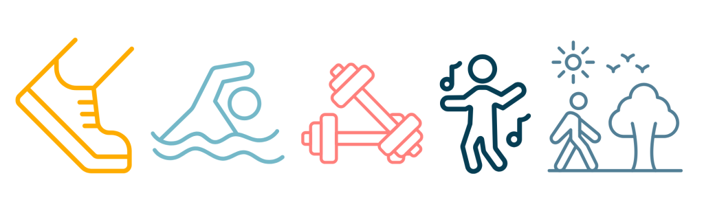 simple graphics showing workout activities - running shoe, swimming, weights, dancing and walking in nature.