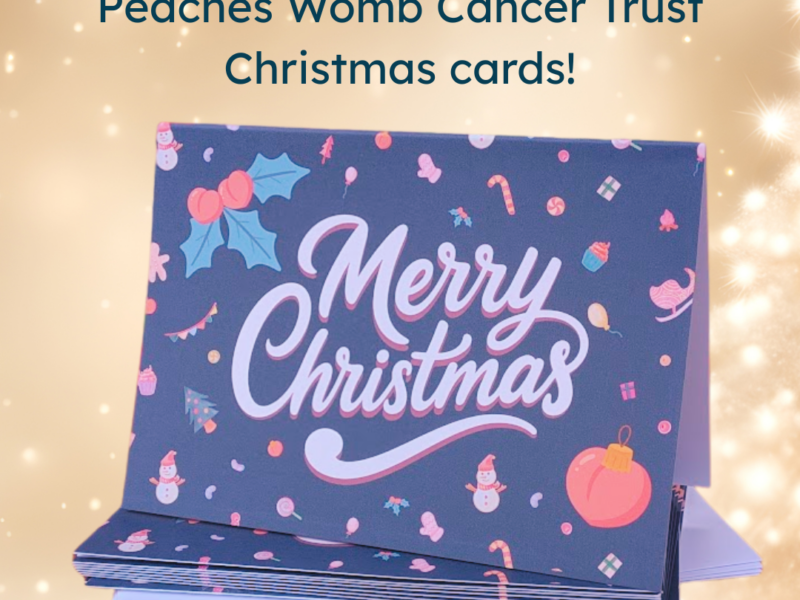 A photo of the Peaches' Christmas card 2026 which has a festive design including peachy baubles.