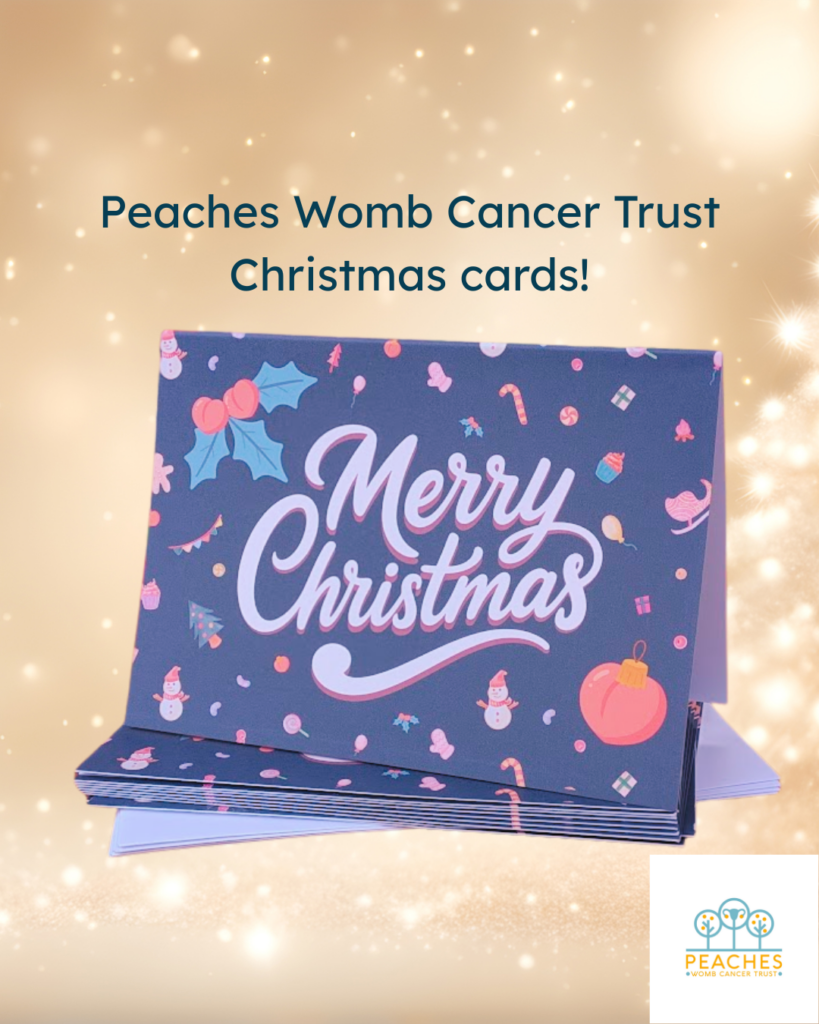 A photo of the Peaches' Christmas card 2026 which has a festive design including peachy baubles.