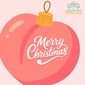 A Peaches Christmas card design with a bauble shaped like a peach.
