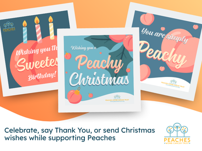 Displaying e-card designs with text underneath saying: Celebrate, say Thank You, or send Christmas wishes while supporting Peaches